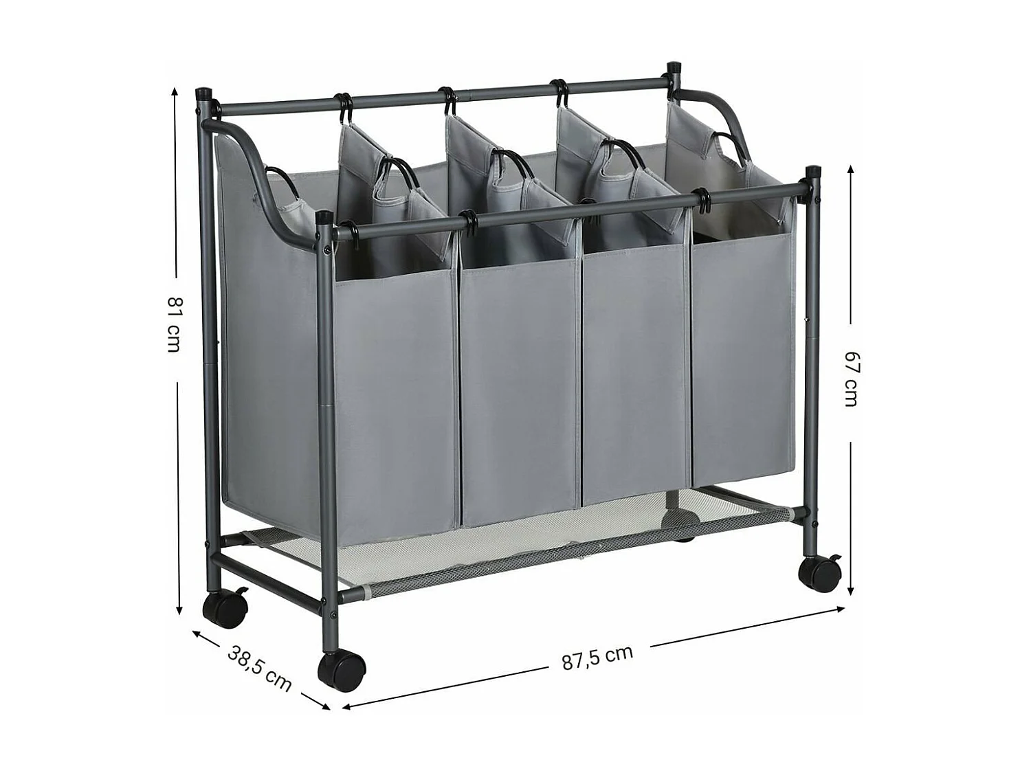 Bac à Linge avec 4 Sacs Amovibles Gris sur Roulettes - L87,5 cm