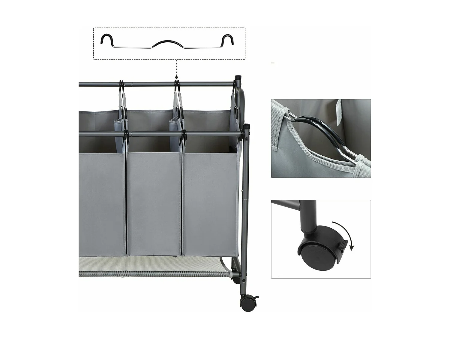 Bac à Linge avec 4 Sacs Amovibles Gris sur Roulettes - L87,5 cm