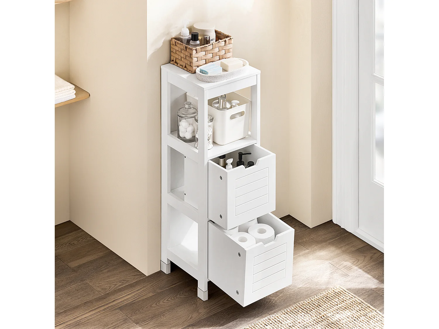 SoBuy FRG127-W Badkamermeubel Kolomkasten - 1 legplank - 2 Laden - Wit