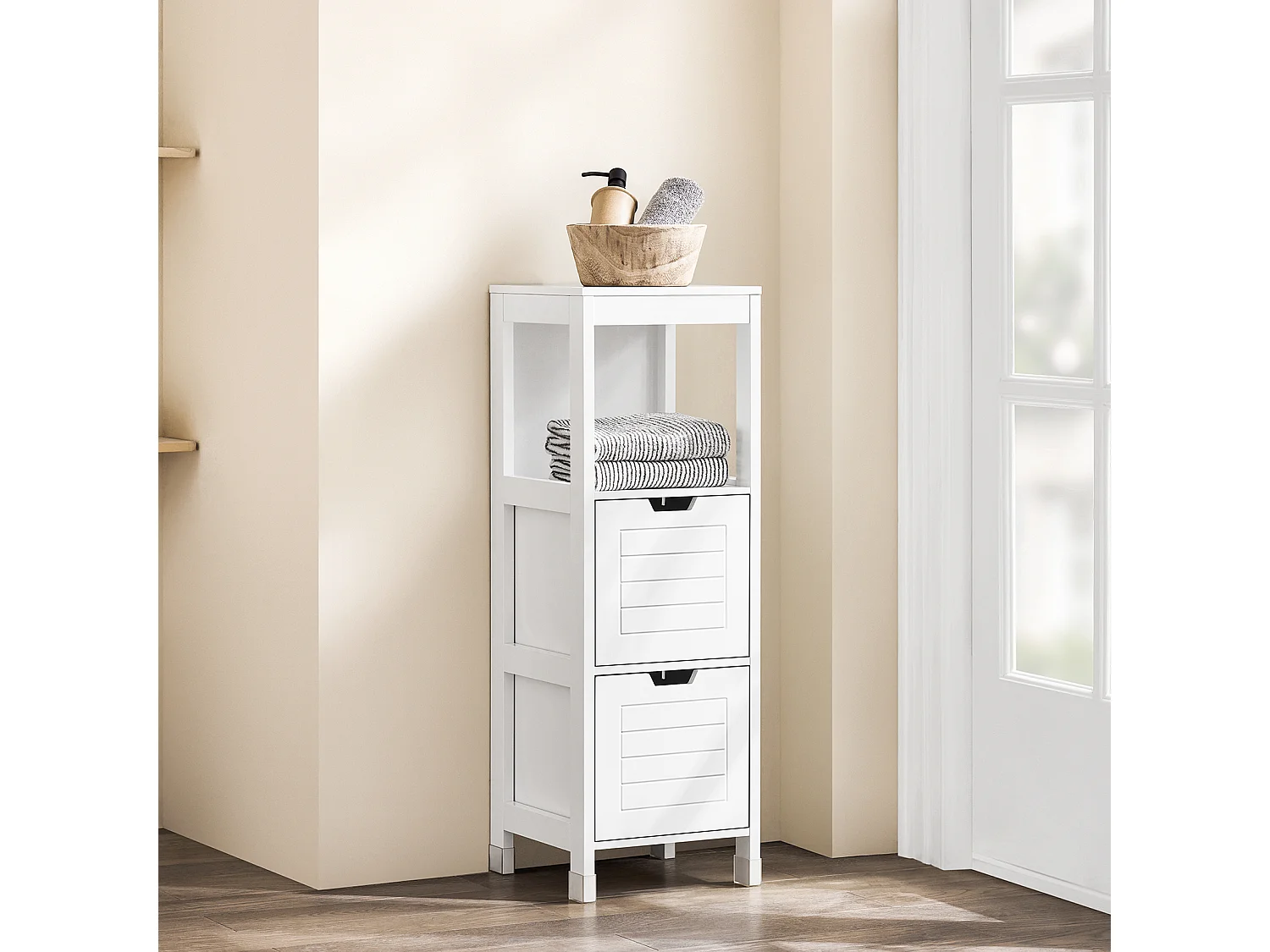 Meuble Colonne Meuble Bas de Salle de Bain Armoire Toilette – 1 étage et 2 tiroirs,  FRG127-W