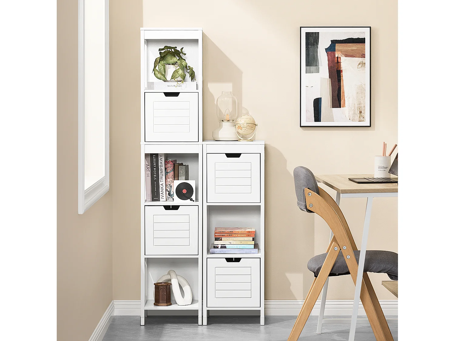 Meuble Colonne Meuble Bas de Salle de Bain Armoire Toilette – 1 étage et 2 tiroirs,  FRG127-W