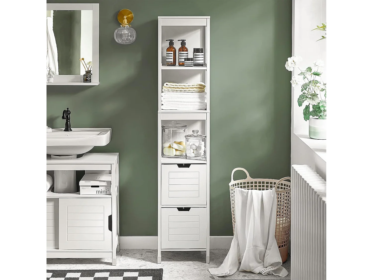 Meuble Colonne de Salle de Bain Armoire Toilette haute 4 étagères et 2 tiroirs Blanc, FRG126-W