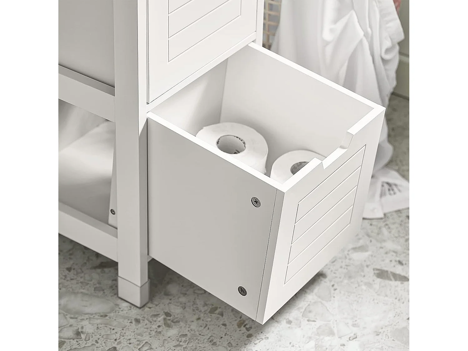 Meuble Colonne de Salle de Bain Armoire Toilette haute 4 étagères et 2 tiroirs Blanc, FRG126-W