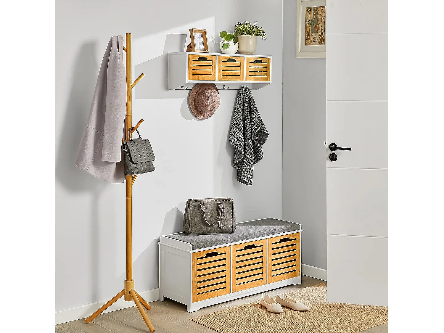 Banc de Rangement avec coussin rembourré et 3 cubes, Banquette confortable, FSR23-WN