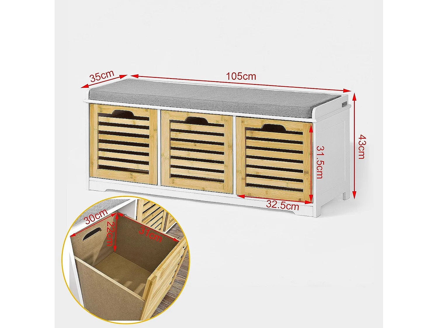 Banc de Rangement avec coussin rembourré et 3 cubes, Banquette confortable, FSR23-WN