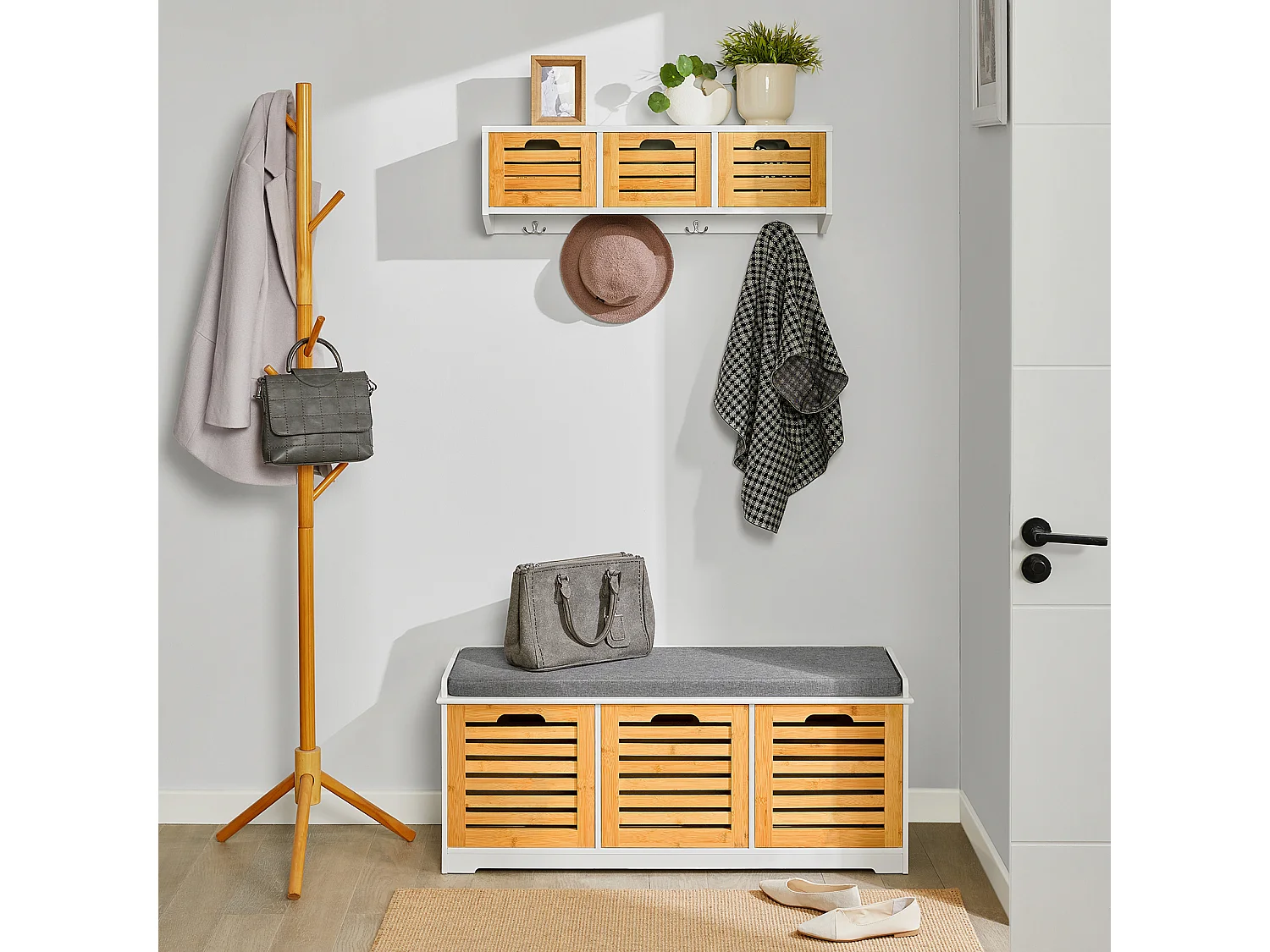 Banc de Rangement avec coussin rembourré et 3 cubes, Banquette confortable, FSR23-WN