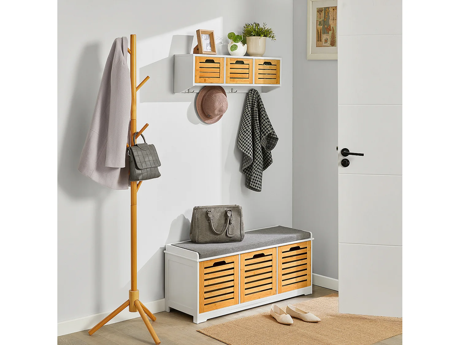 Banc de Rangement avec coussin rembourré et 3 cubes, Banquette confortable, FSR23-WN