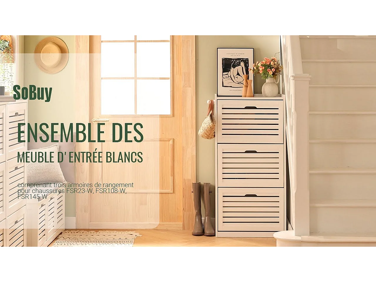 Banc de Rangement avec coussin rembourré et 3 cubes, Banquette confortable, FSR23-W