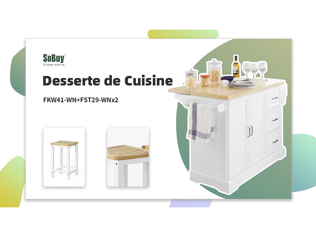 Desserte sur roulettes Meuble de Cuisine de Service en Bois Plans de Travail Rabattables, FKW41-WN