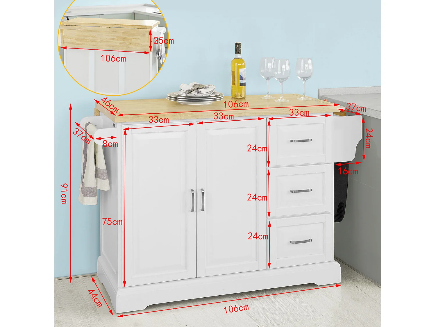 Desserte sur roulettes Meuble de Cuisine de Service en Bois Plans de Travail Rabattables, FKW41-WN