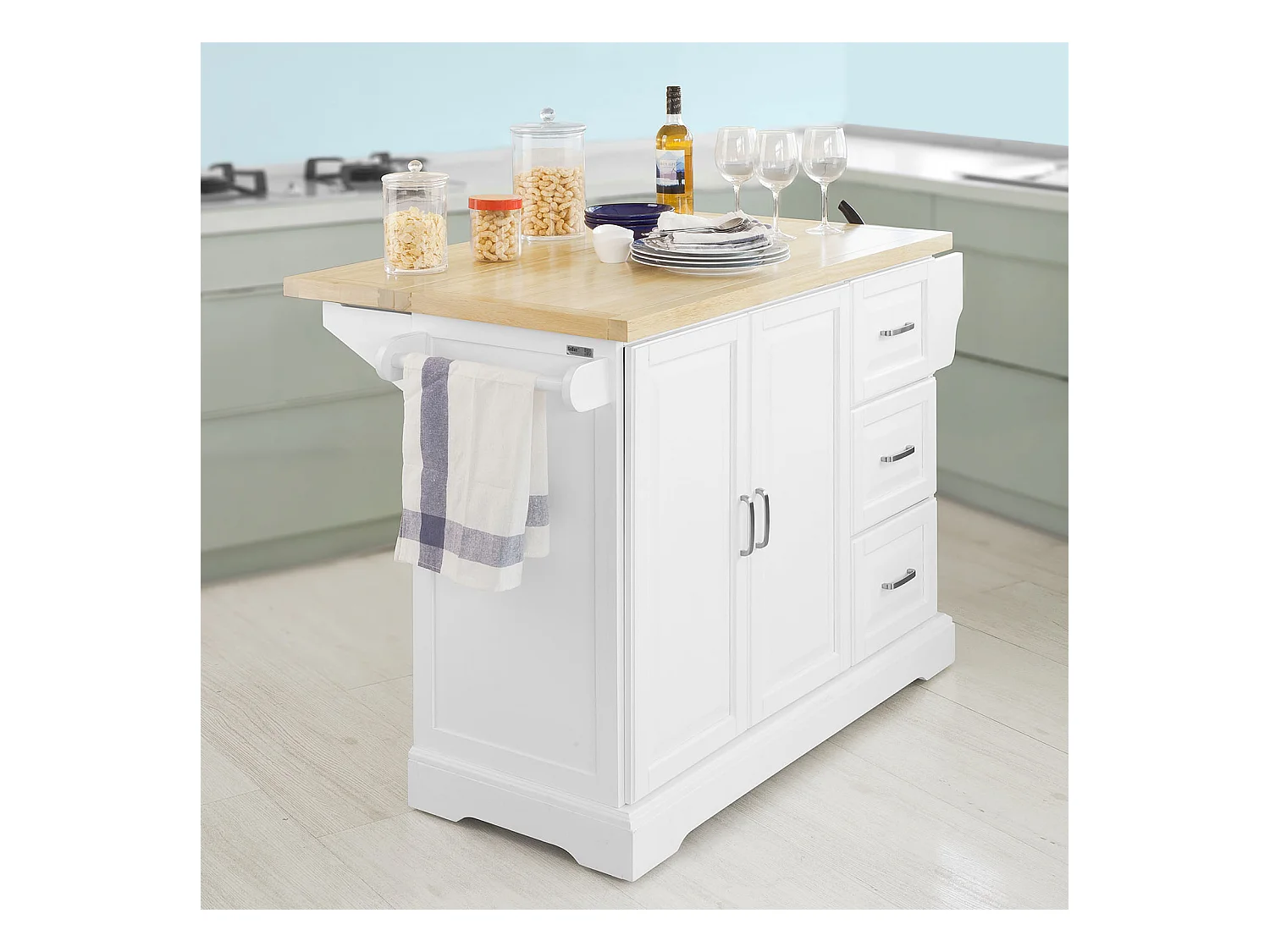 SoBuy FKW41-WN Keukentrolley - uitbreidbaar werkblad - Opbergruimte keukenwagen Credenta