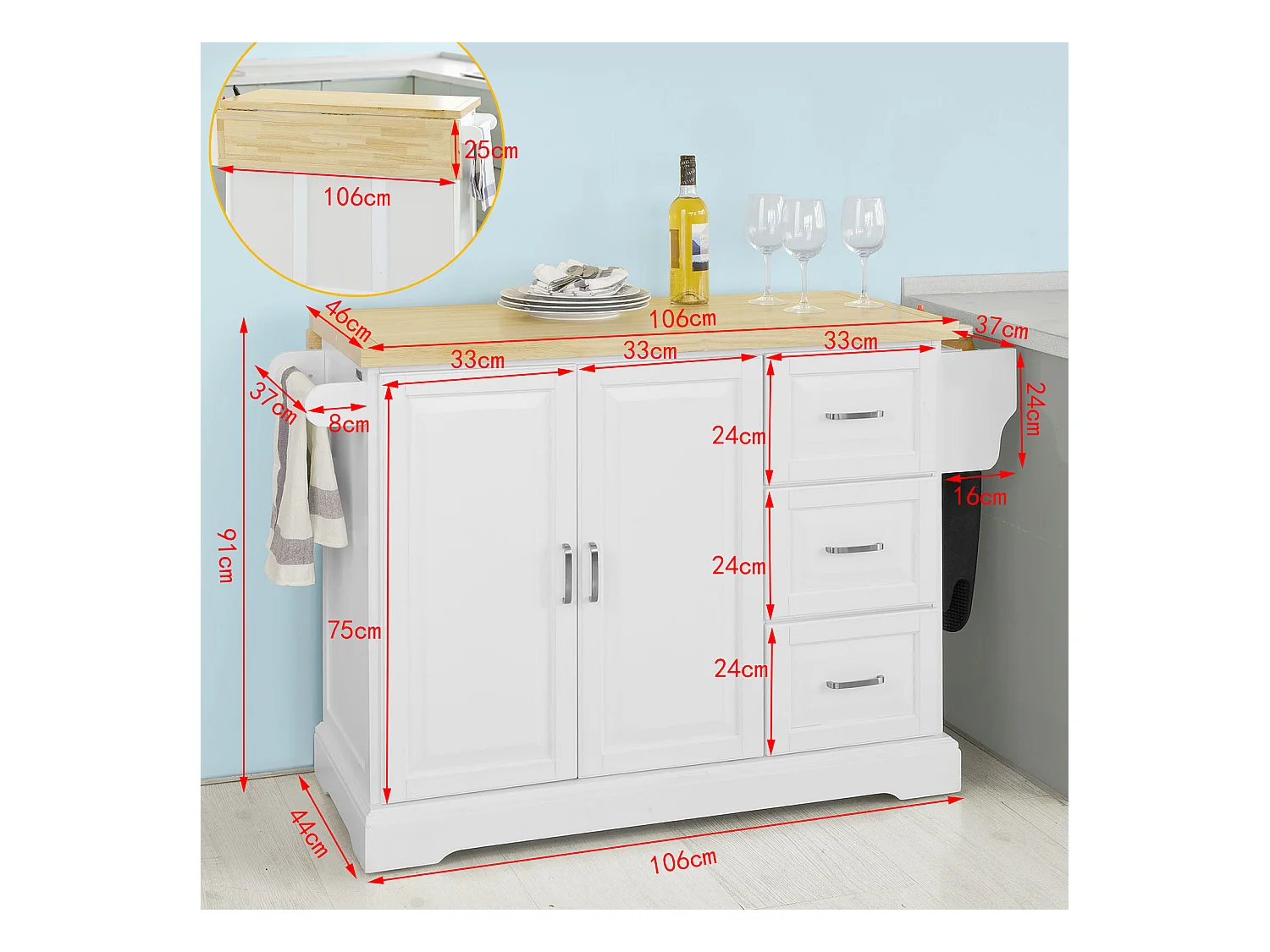 SoBuy FKW41-WN Keukentrolley - uitbreidbaar werkblad - Opbergruimte keukenwagen Credenta