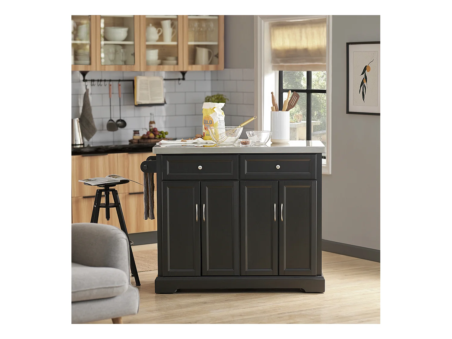 Carrito de Cocina con Piso de Acero,con Tablero Extensible,L115 x P46 x H92cm Negro FKW71-SCH SoBuy ES