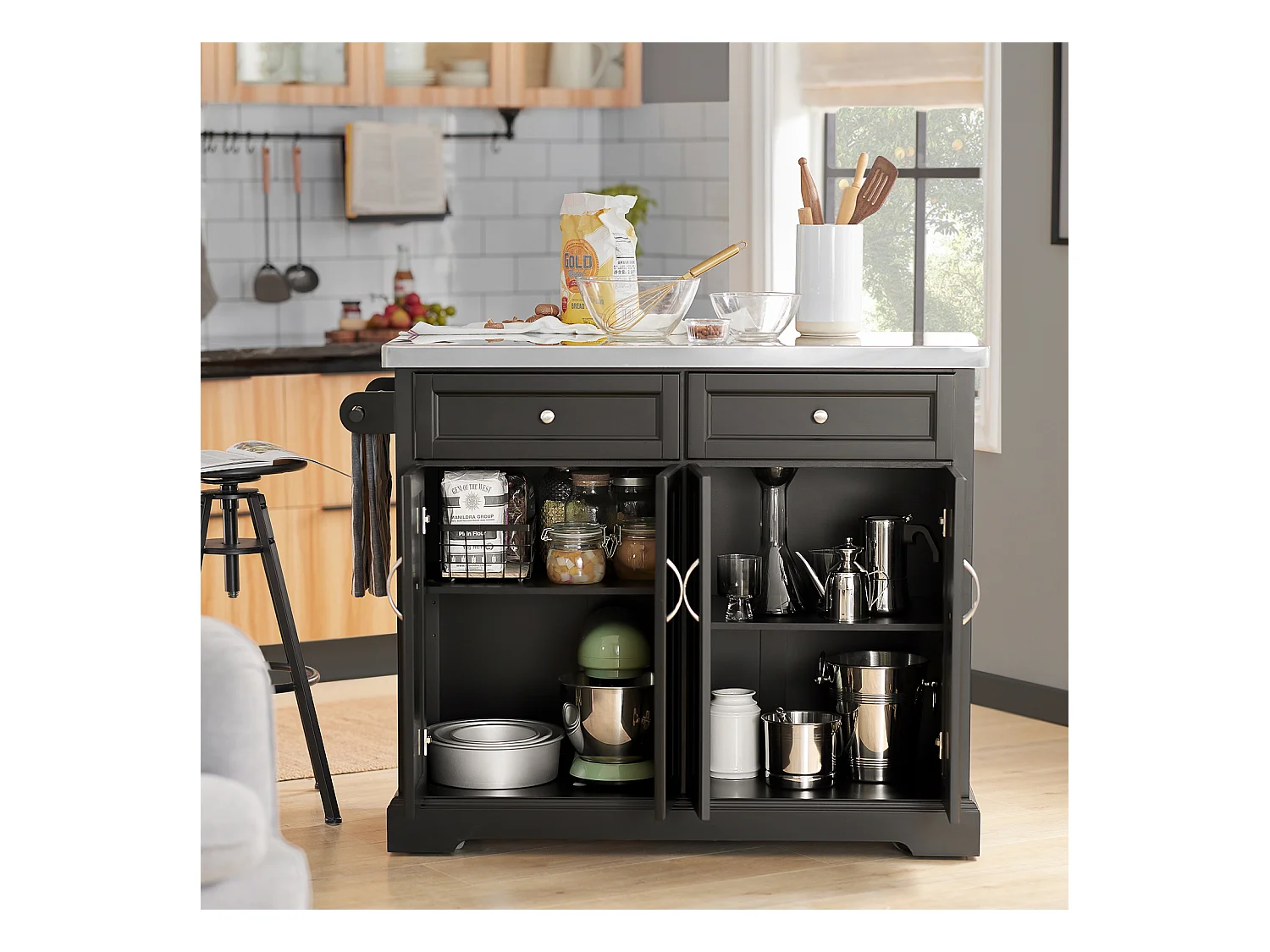 Carrito de Cocina con Piso de Acero,con Tablero Extensible,L115 x P46 x H92cm Negro FKW71-SCH SoBuy ES