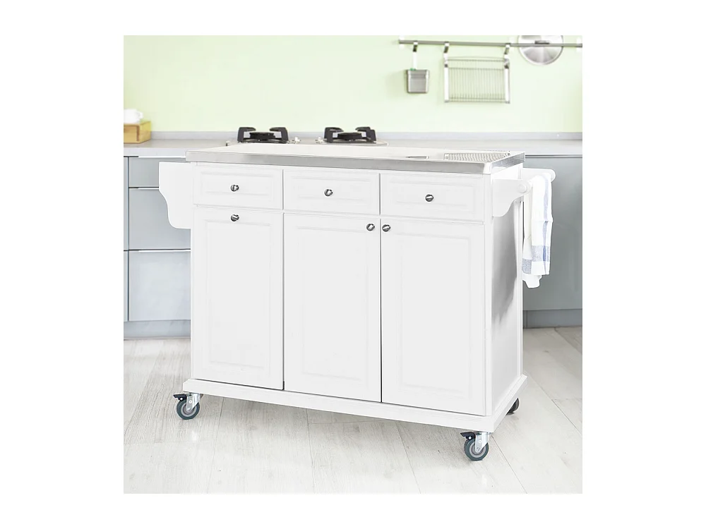 SoBuy FKW33-W Mobiele keukenkast Keukenwagen Roestvrije stalen tafelblad Praktisch - Wit