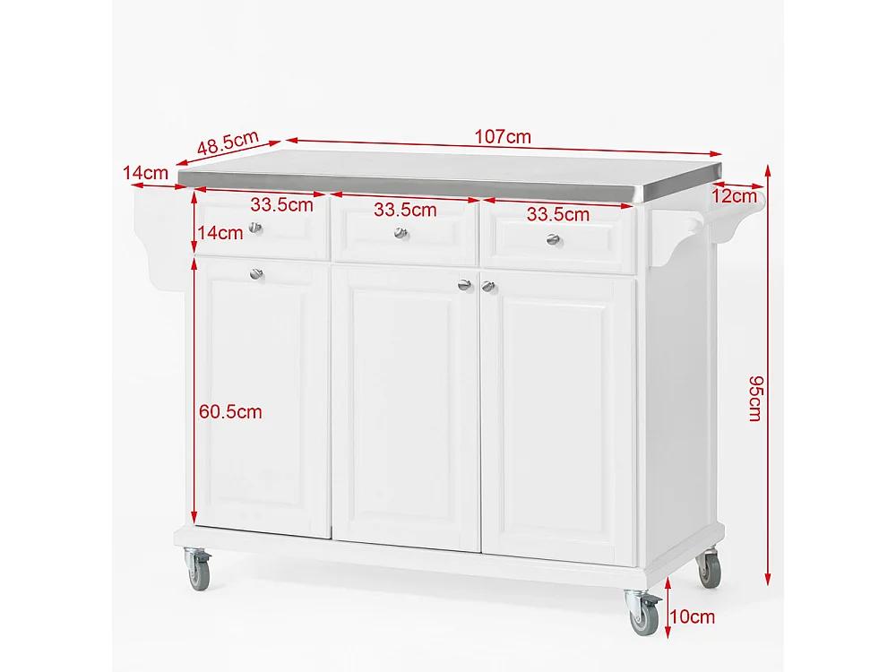 SoBuy FKW33-W Mobiele keukenkast Keukenwagen Roestvrije stalen tafelblad Praktisch - Wit