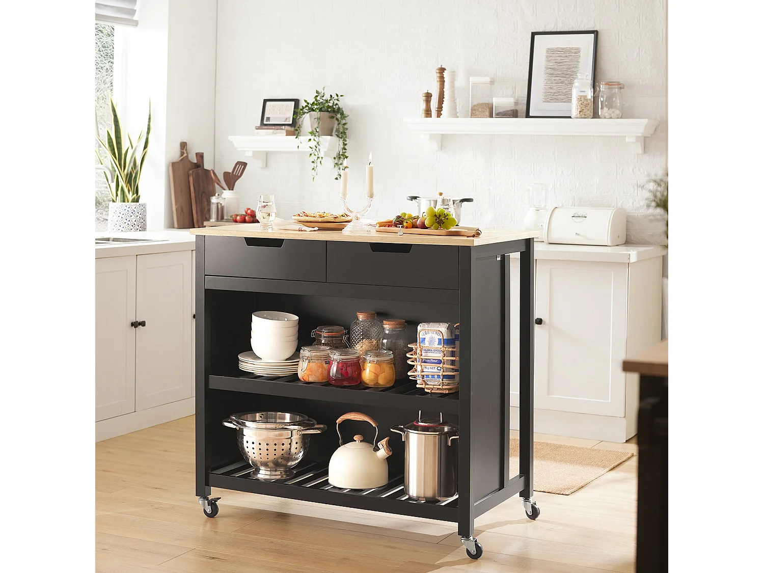 Cuisine Buffet Desserte de Cuisine Table Roulante avec 2 tiroirs et 2 étagères, FKW74-SCH