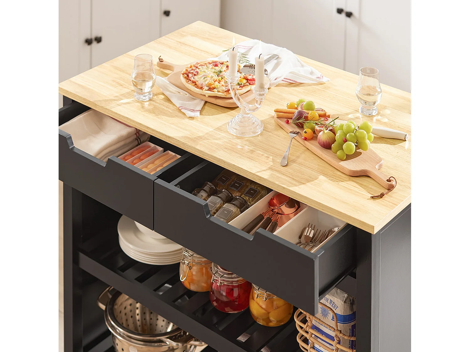 Cuisine Buffet Desserte de Cuisine Table Roulante avec 2 tiroirs et 2 étagères, FKW74-SCH