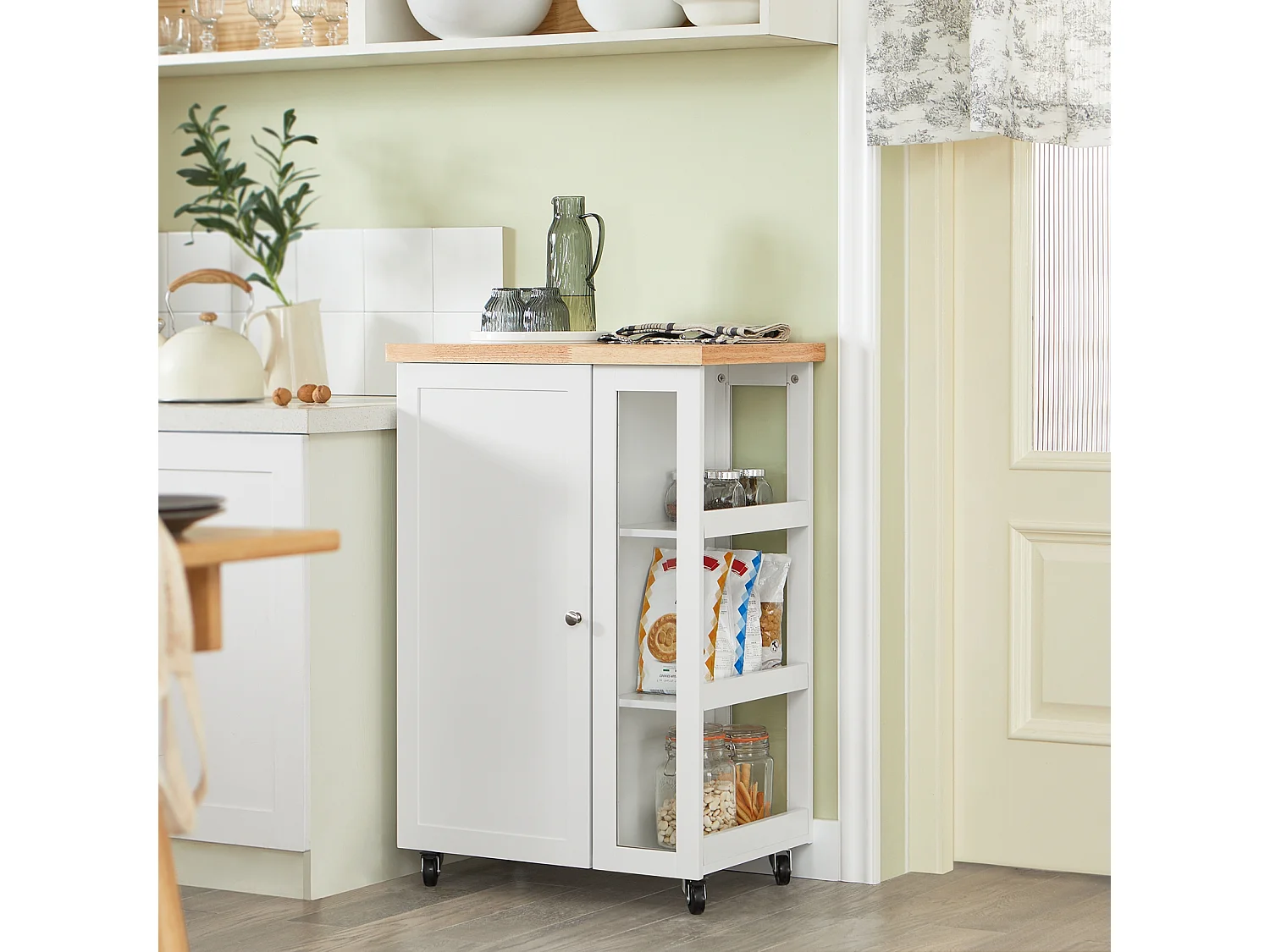 SoBuy FKW75-WN Keukentrolley Serveerwagen Trolley Kast Servies met 1 deur en 3 planken