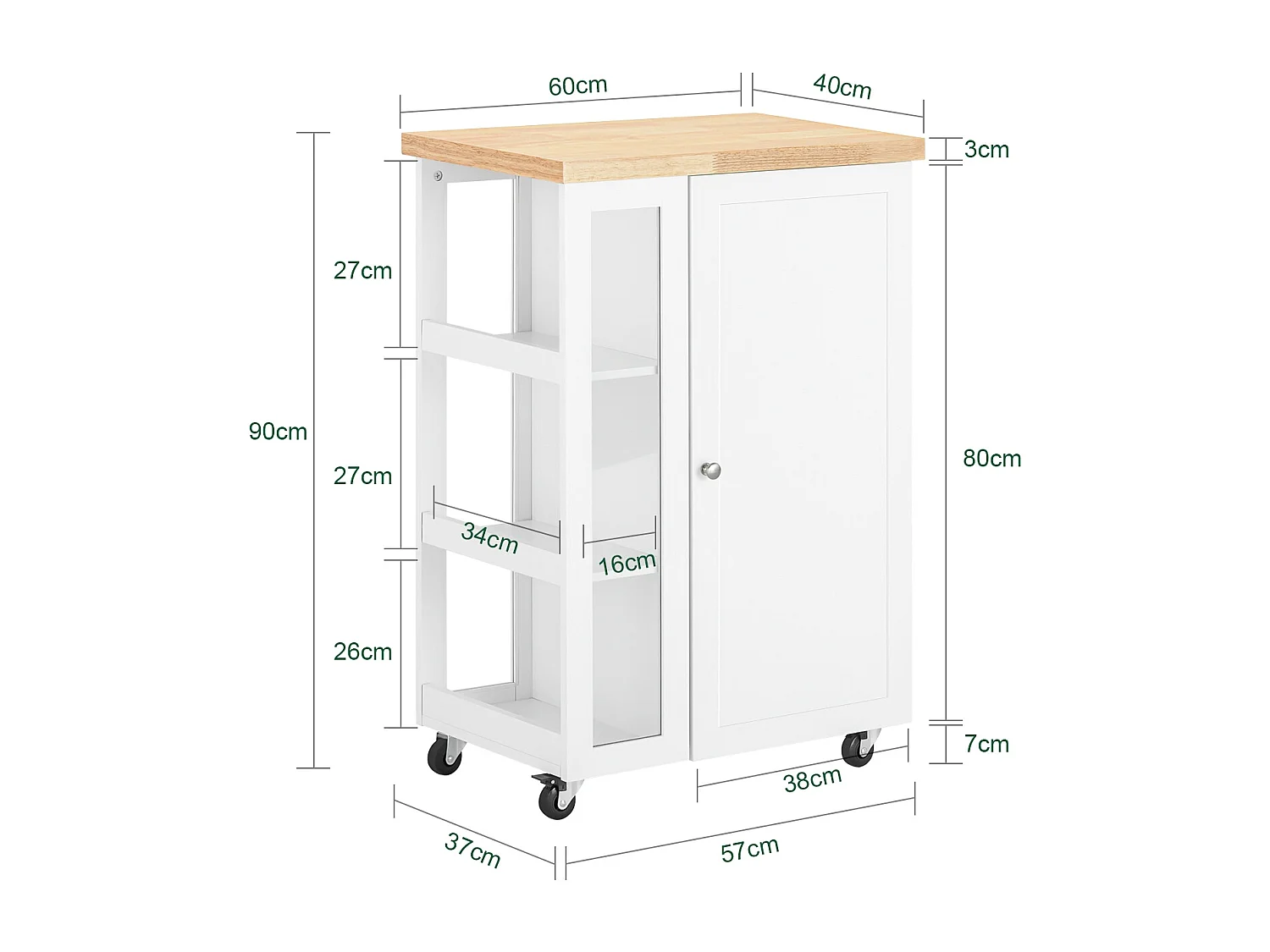 SoBuy FKW75-WN Keukentrolley Serveerwagen Trolley Kast Servies met 1 deur en 3 planken