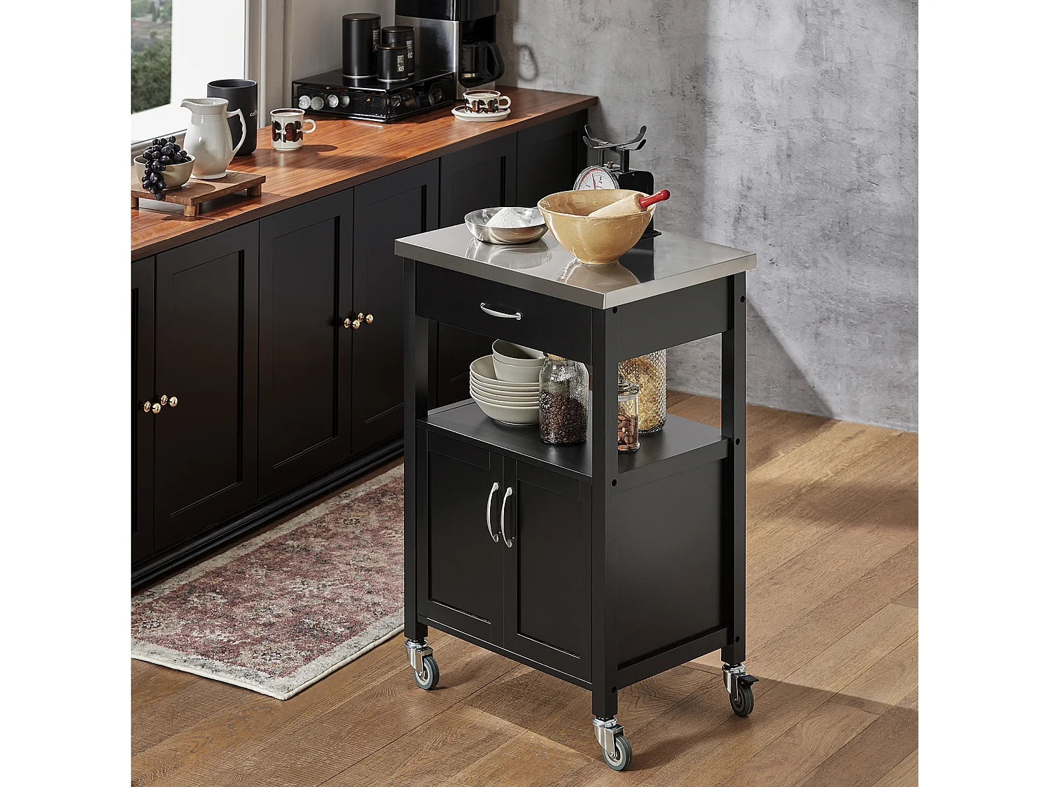 Desserte de Cuisine Roulante, Meuble de Rangement à roulettes Plateau en Acier INOX, FKW22-SCH