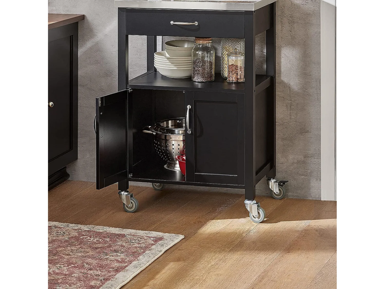 SoBuy FKW22-SCH Keukentrolley - Opbergruimte - Wielen - Kantoor - Servies - Zwart