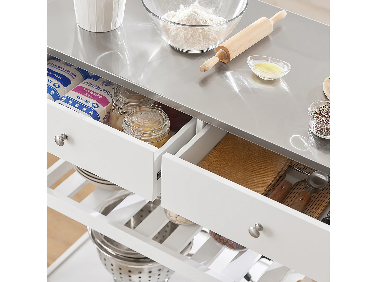 SoBuy FKW47-W Keukentrolley met roestvrij stalen plaat gangkast sideboard bijzettafel