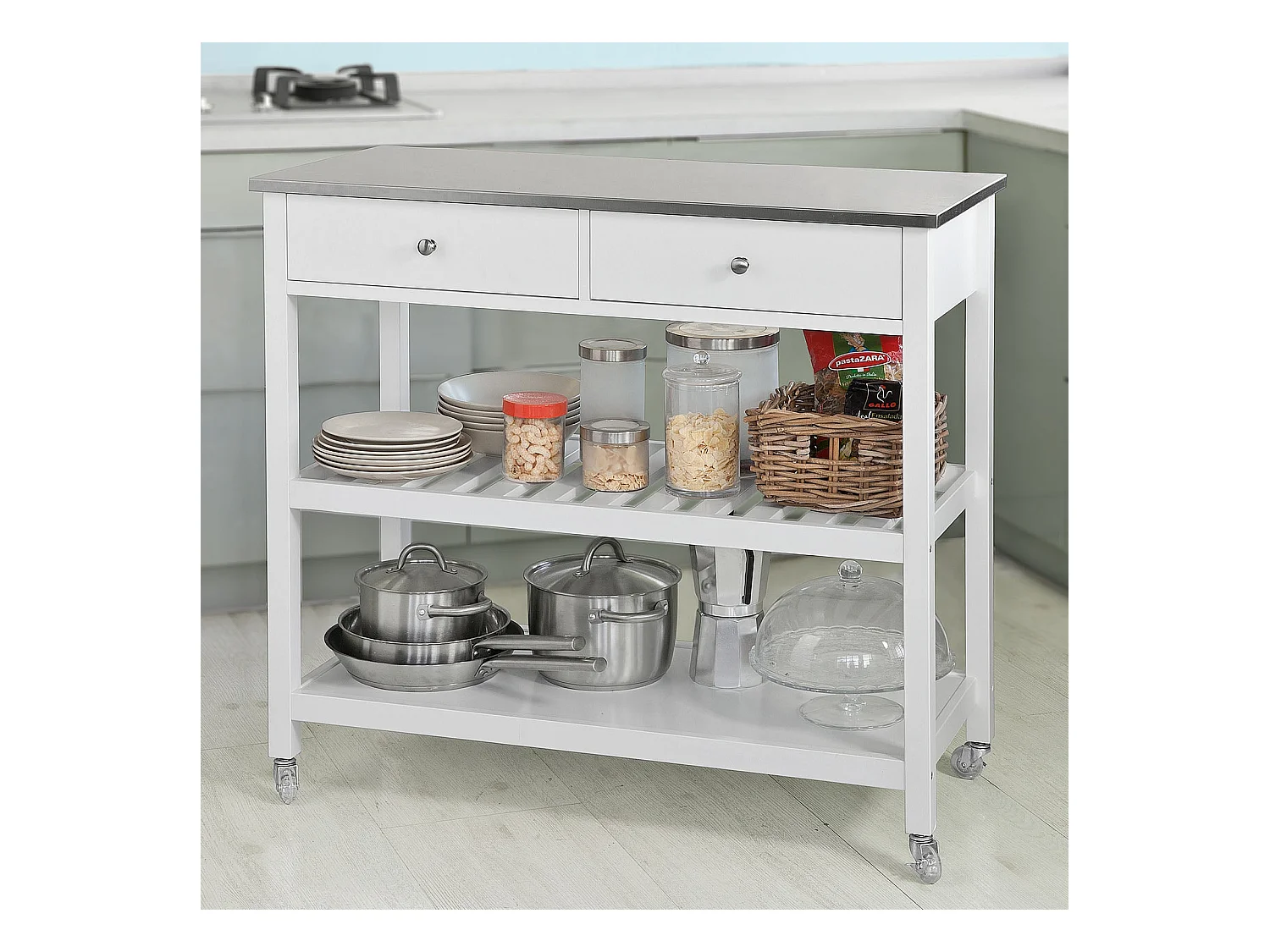 Desserte roulante Chariot de cuisine de 2 étages avec grand plan de travail en Acier Inox, FKW47-W