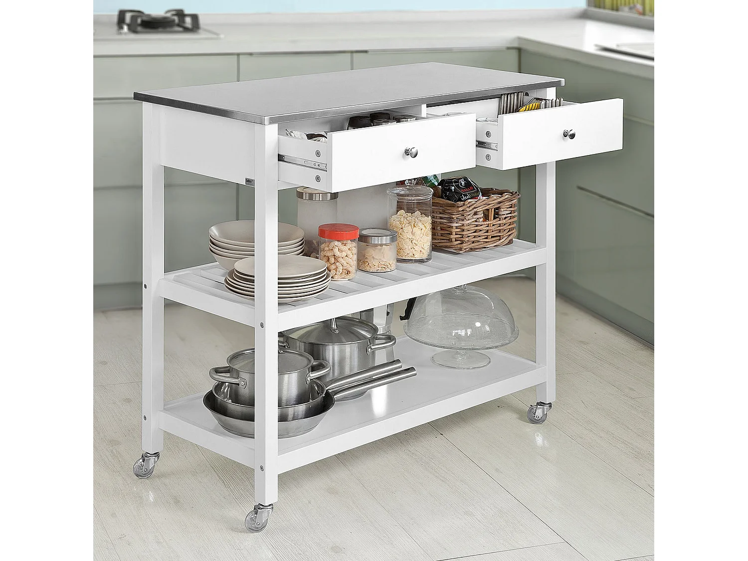 Desserte roulante Chariot de cuisine de 2 étages avec grand plan de travail en Acier Inox, FKW47-W