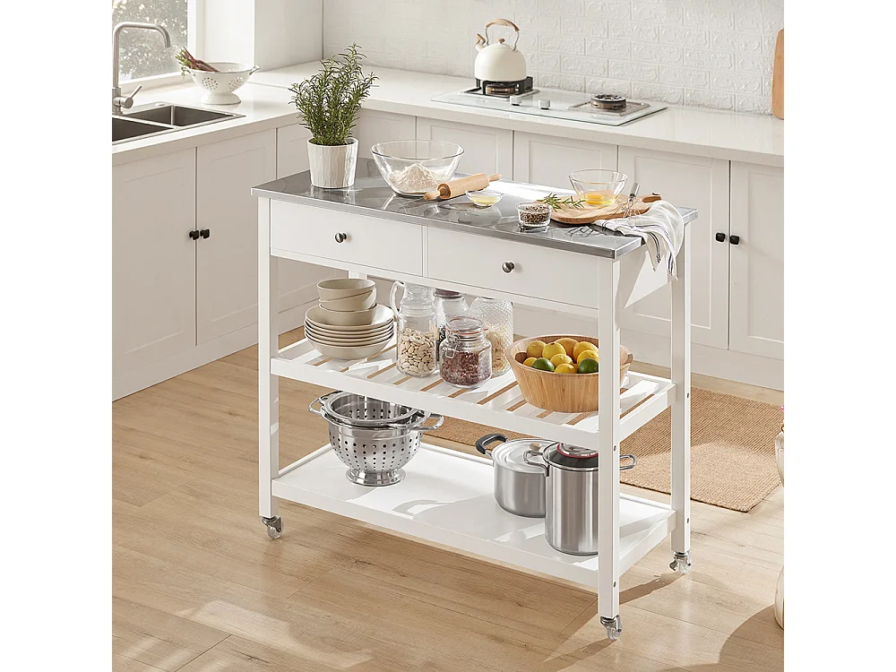 Desserte roulante Chariot de cuisine de 2 étages avec grand plan de travail en Acier Inox, FKW47-W