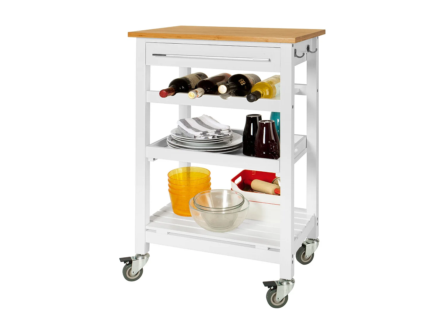 SoBuy FKW16-WN Keukentrolley Serveerwagen Zwenkwielen en flessenrek