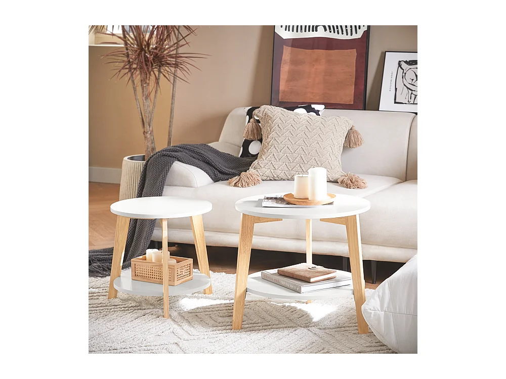 Set de 2-Blanc et Bois Ronde Table d'Appoint Table Basse Ronde Guéridon, FBT75-W