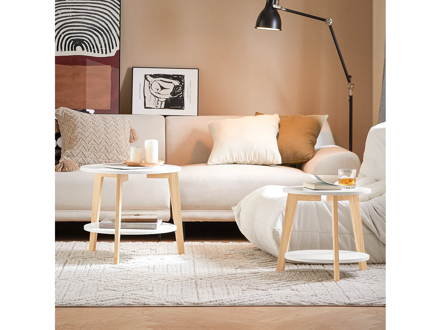 Set de 2-Blanc et Bois Ronde Table d'Appoint Table Basse Ronde Guéridon, FBT75-W