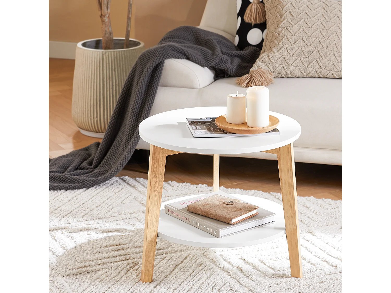 Set de 2-Blanc et Bois Ronde Table d'Appoint Table Basse Ronde Guéridon, FBT75-W