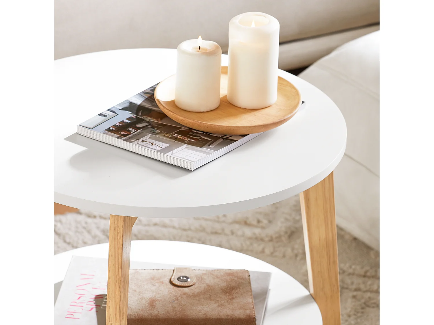 Set de 2-Blanc et Bois Ronde Table d'Appoint Table Basse Ronde Guéridon, FBT75-W