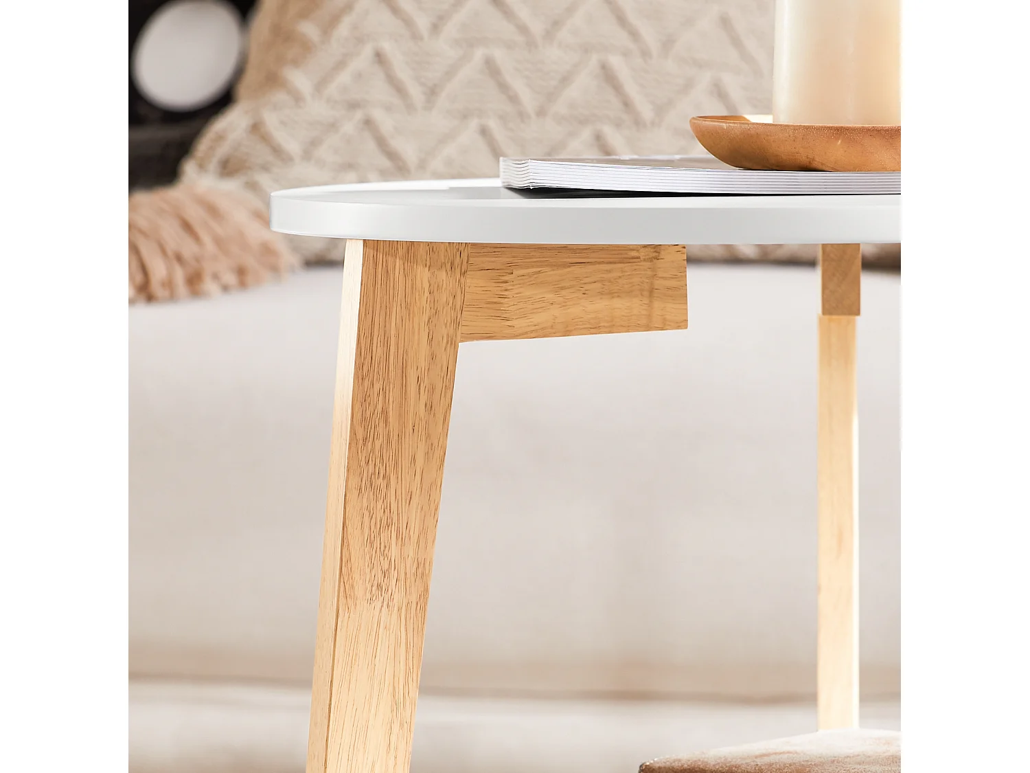 Set de 2-Blanc et Bois Ronde Table d'Appoint Table Basse Ronde Guéridon, FBT75-W