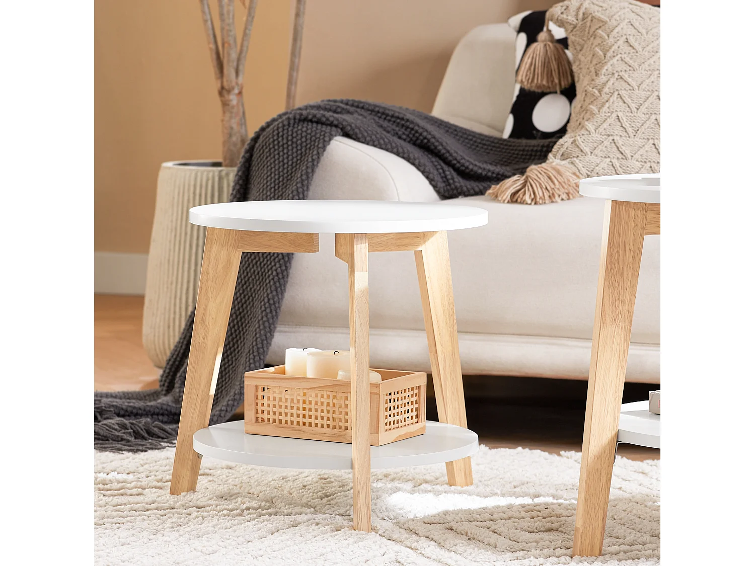 Set de 2-Blanc et Bois Ronde Table d'Appoint Table Basse Ronde Guéridon, FBT75-W