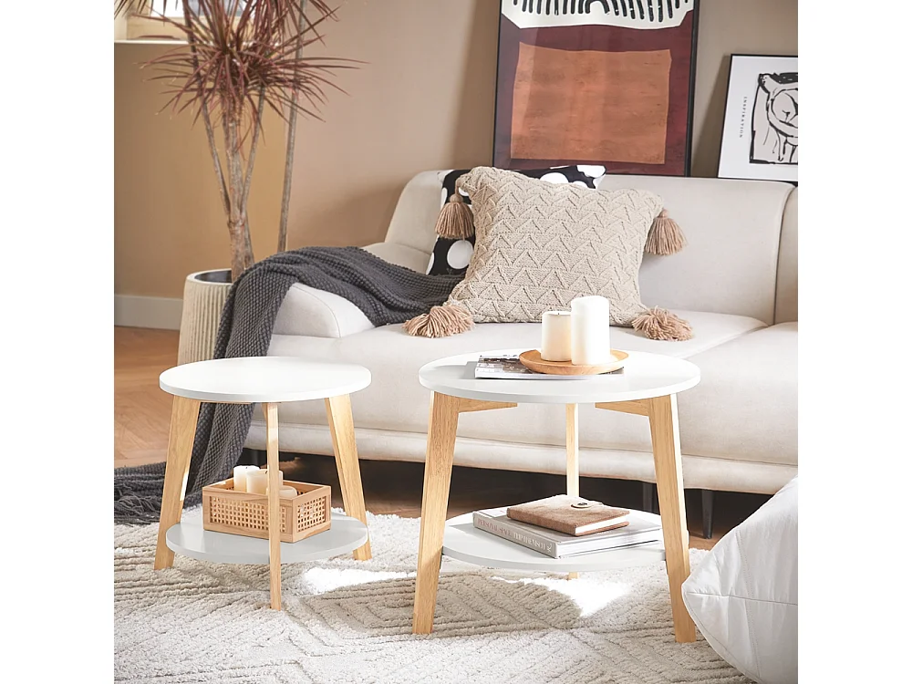 Set de 2-Blanc et Bois Ronde Table d'Appoint Table Basse Ronde Guéridon, FBT75-W