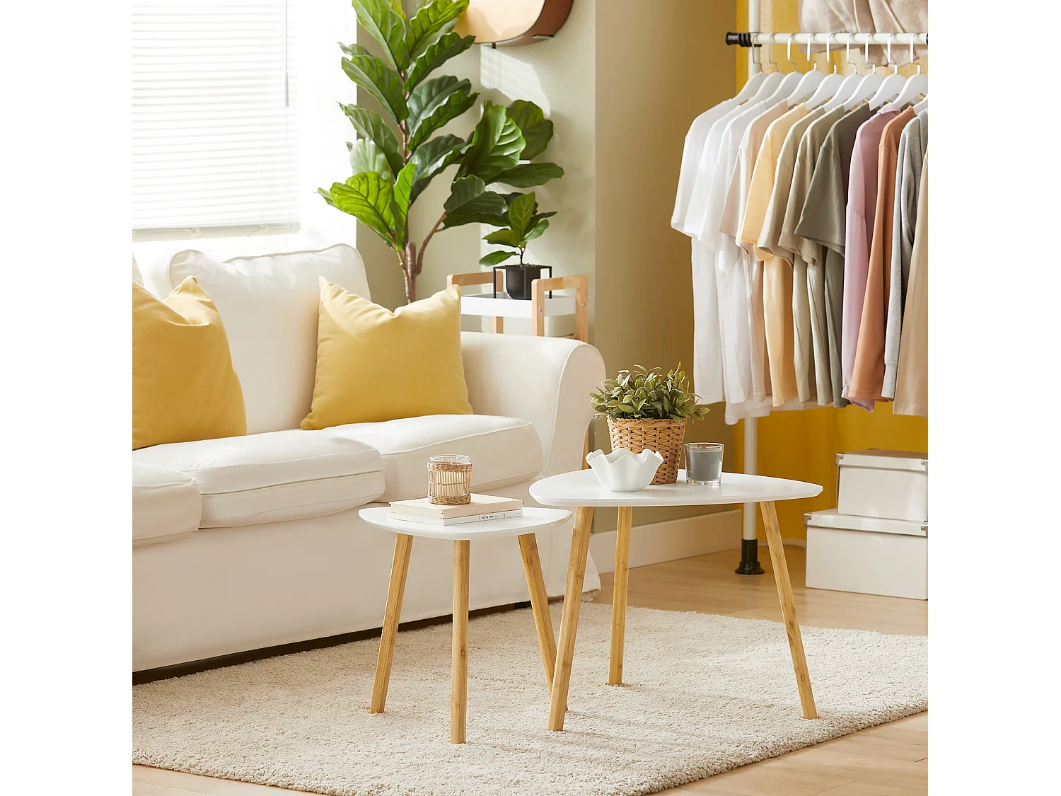 SoBuy FBT74-W Set van 2 Bijzettafel met Planken Salontafel Bamboe Wit/Naturel