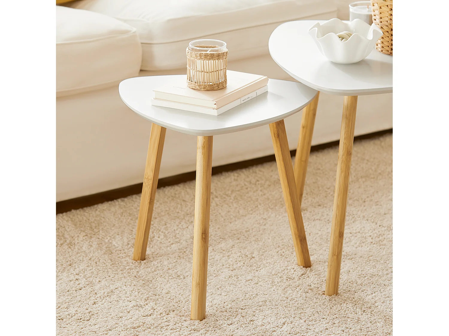 SoBuy FBT74-W Set van 2 Bijzettafel met Planken Salontafel Bamboe Wit/Naturel