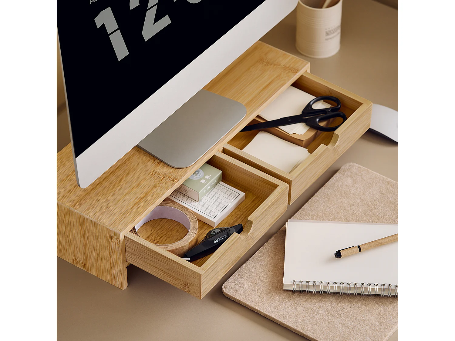 Support d'écran d'ordinateur de Support de Moniteur de bambou avec 2 Tiroirs, FRG198-N