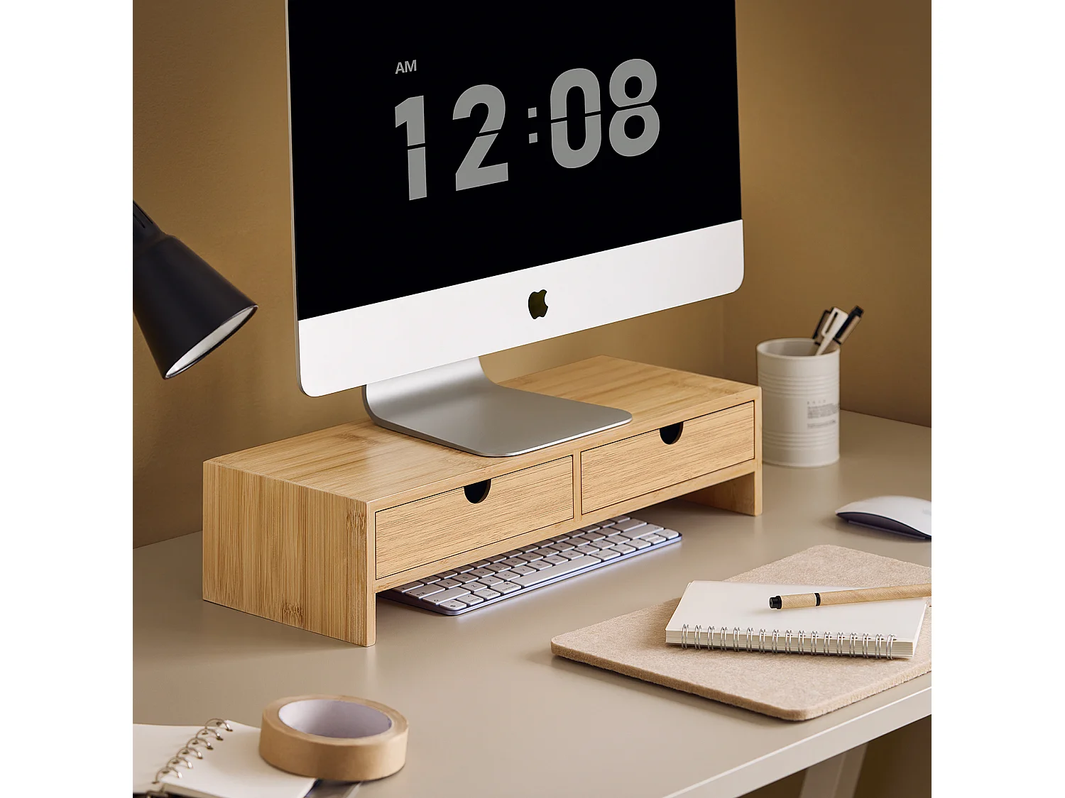 Support d'écran d'ordinateur de Support de Moniteur de bambou avec 2 Tiroirs, FRG198-N