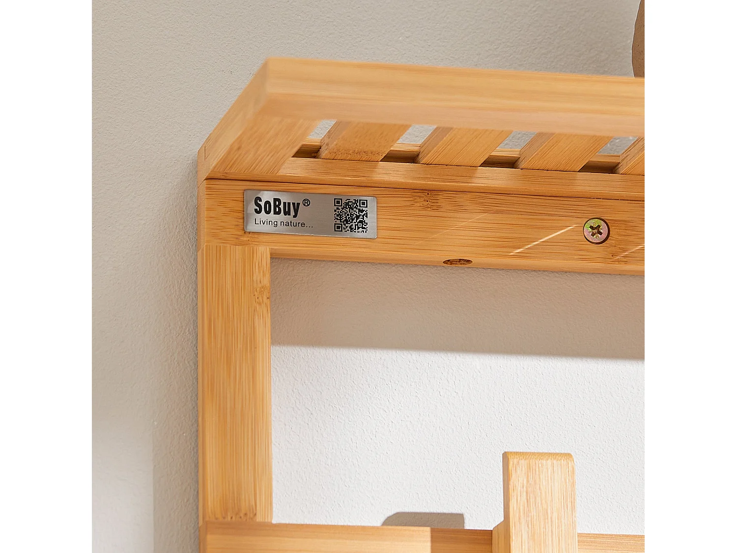 Étagère Porte-Serviette Porte-Manteau Mural en Bambou avec Étagère et 6 Crochets, FHK06-N