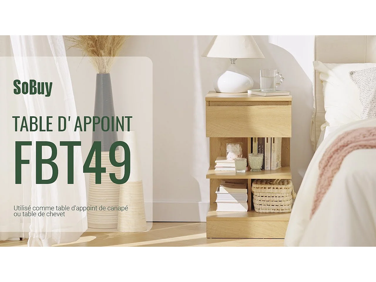 Bout de Canapé Table d’appoint Table de chevet avec 1 tiroir et 2 étagères, FBT49-W