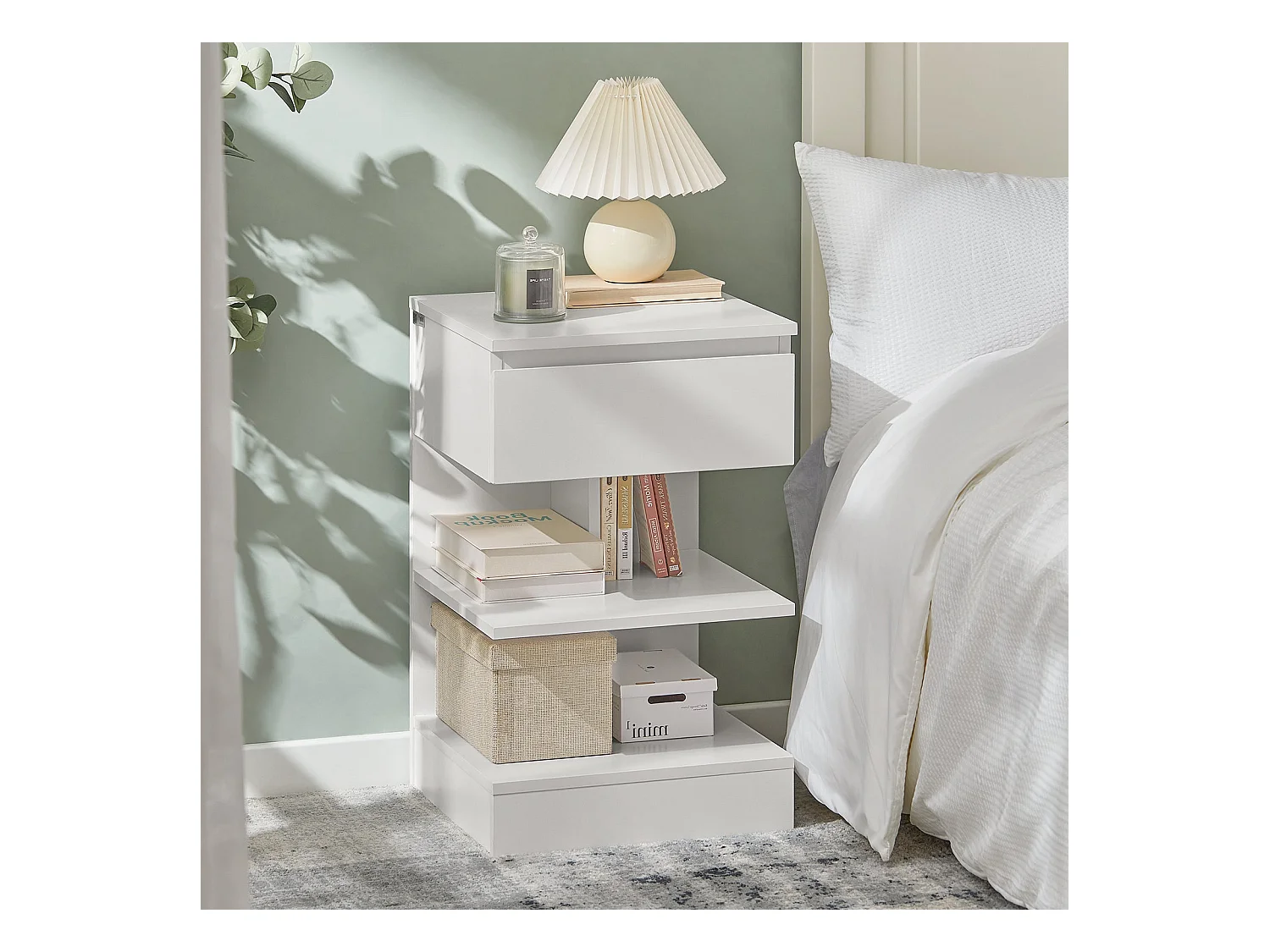 Bout de Canapé Table d’appoint Table de chevet avec 1 tiroir et 2 étagères, FBT49-W