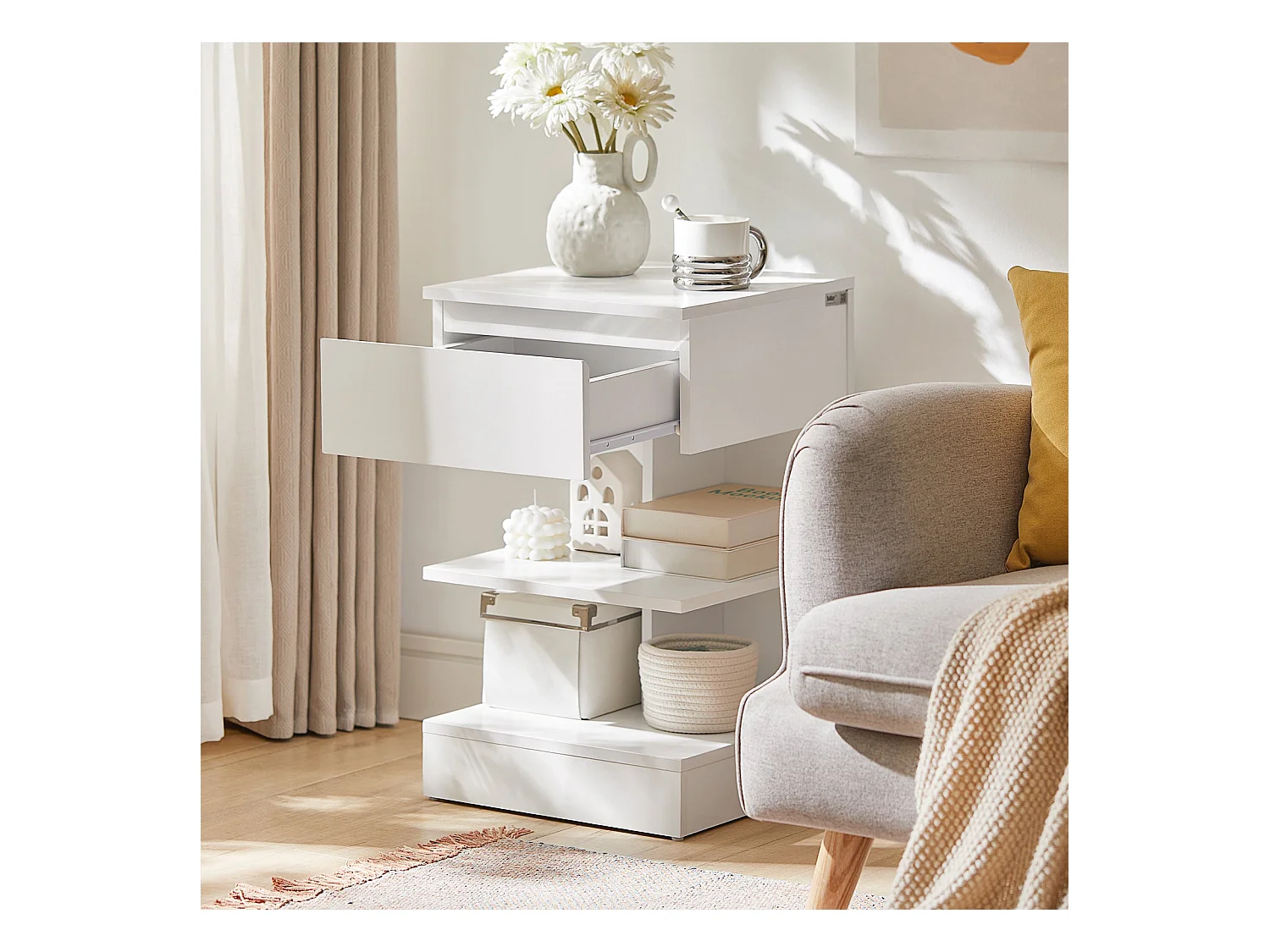 Bout de Canapé Table d’appoint Table de chevet avec 1 tiroir et 2 étagères, FBT49-W
