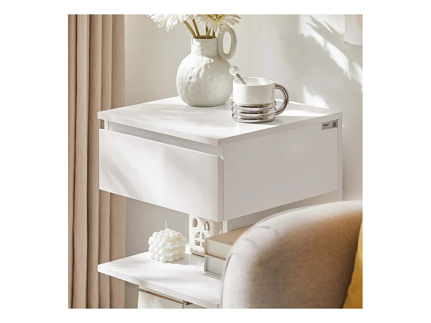 Bout de Canapé Table d’appoint Table de chevet avec 1 tiroir et 2 étagères, FBT49-W