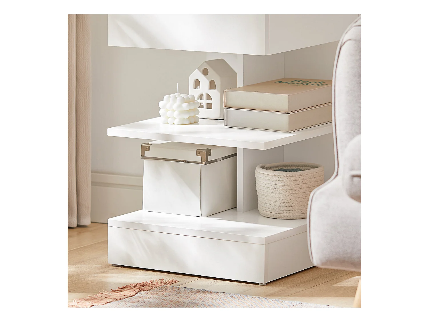 Bout de Canapé Table d’appoint Table de chevet avec 1 tiroir et 2 étagères, FBT49-W