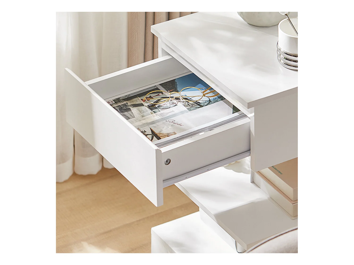 Bout de Canapé Table d’appoint Table de chevet avec 1 tiroir et 2 étagères, FBT49-W