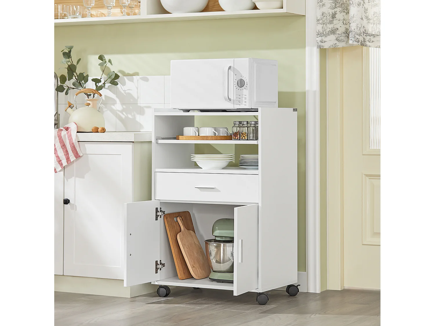 SoBuy FSB09-W keukenkast zwenkwielen Keukenwagen Rolkast Drankwagen Magnetronkast